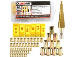 Nýtovací matice, nýtovací trny M3 - M10, se stupňovitým vrtákem, sada 68 ks MAR-POL (obrázek pro) Nýtovací matice, nýtovací trny M3 - M10, se stupňovitým vrtákem, sada 68 ks MAR-POL